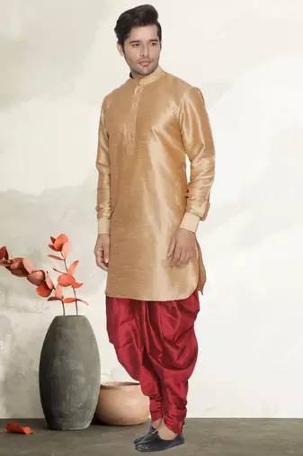 Men's art silk curved dhoti kurta set