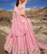 Pink Pure Georgette Heavy Thread Embroidery with Cut Work, Mirror Work and Zarkan Work Lehenga Choli