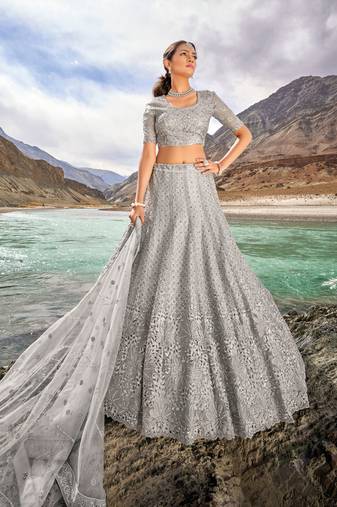 Grey Pure Organza Heavy Thread Embroidery with Cut Work, Mirror Work and Zarkan Work Lehenga Choli