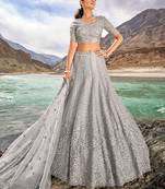 Grey Pure Organza Heavy Thread Embroidery with Cut Work, Mirror Work and Zarkan Work Lehenga Choli