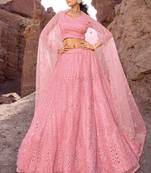 Pink Pure Net Heavy Thread Embroidery with Cut Work, Mirror Work and Zarkan Work Lehenga Choli