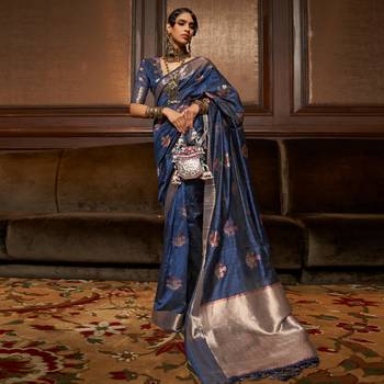 Navy Blue Banarasi Tussar Silk Saree With Gold Zari Butties Fancy Saree Kanchi Pattu Wedding Saree With Blouse For Women 1