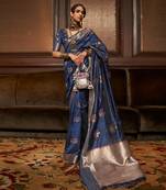 Navy Blue Banarasi Tussar Silk Saree With Gold Zari Butties Fancy Saree Kanchi Pattu Wedding Saree With Blouse For Women