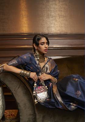 Navy Blue Banarasi Tussar Silk Saree With Gold Zari Butties Fancy Saree Kanchi Pattu Wedding Saree With Blouse For Women 2