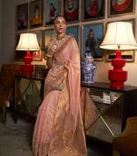 Peach Copper Zari Silk Blend Woven Designer Saree With Blouse For Women
