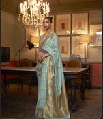 Blue Copper Zari Silk Blend Woven Designer Saree With Blouse For Women