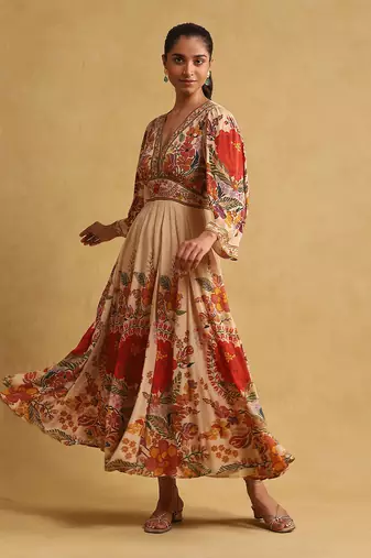 Beige floral print dress By ritu kumar