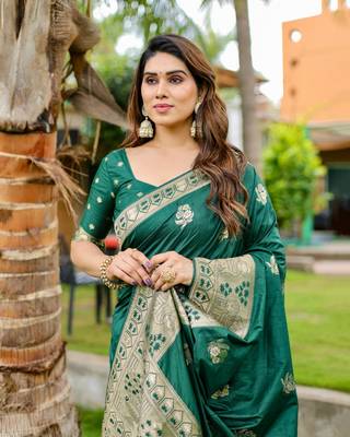 Green Premium Actress Wear Wedding Wear Dola Silk Woven Designer Saree 1