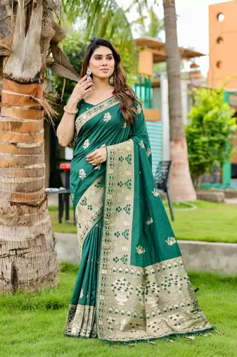 Green Premium Actress Wear Wedding Wear Dola Silk Woven Designer Saree
