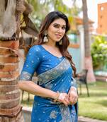 Sky-Blue Premium Wedding Wear Dola Silk Woven Designer Saree