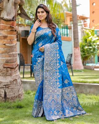 Sky-Blue Premium Wedding Wear Dola Silk Woven Designer Saree 2