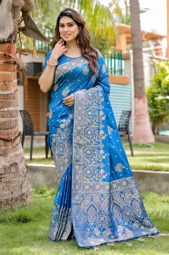 Sky-Blue Premium Wedding Wear Dola Silk Woven Designer Saree