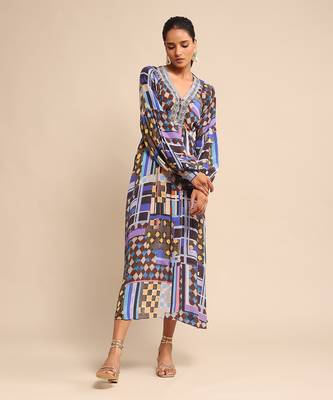 Blue geometric print dress by RITU KUMAR 1