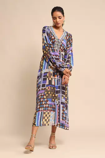 Blue geometric print dress by RITU KUMAR