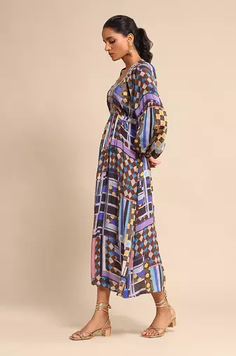 Blue geometric print dress by RITU KUMAR