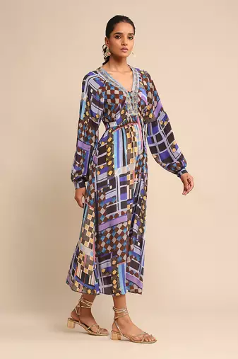 Blue geometric print dress by RITU KUMAR
