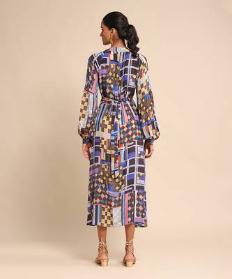 Blue geometric print dress by RITU KUMAR 4