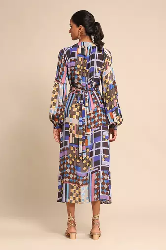 Blue geometric print dress by RITU KUMAR
