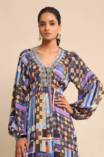 Blue geometric print dress by RITU KUMAR