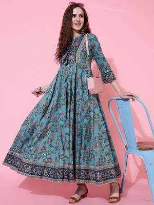 Gulmohar jaipur cotton ankle length flared 3/4 sleeve collar kurta 1