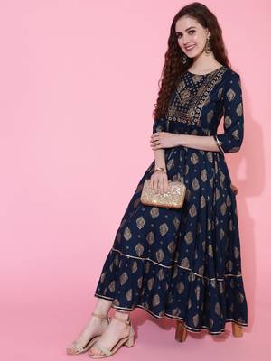 Gulmohar jaipur rayon calf length length printed flared 3/4 sleeve round kurta 1