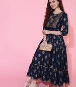 Gulmohar jaipur rayon calf length length printed flared 3/4 sleeve round kurta