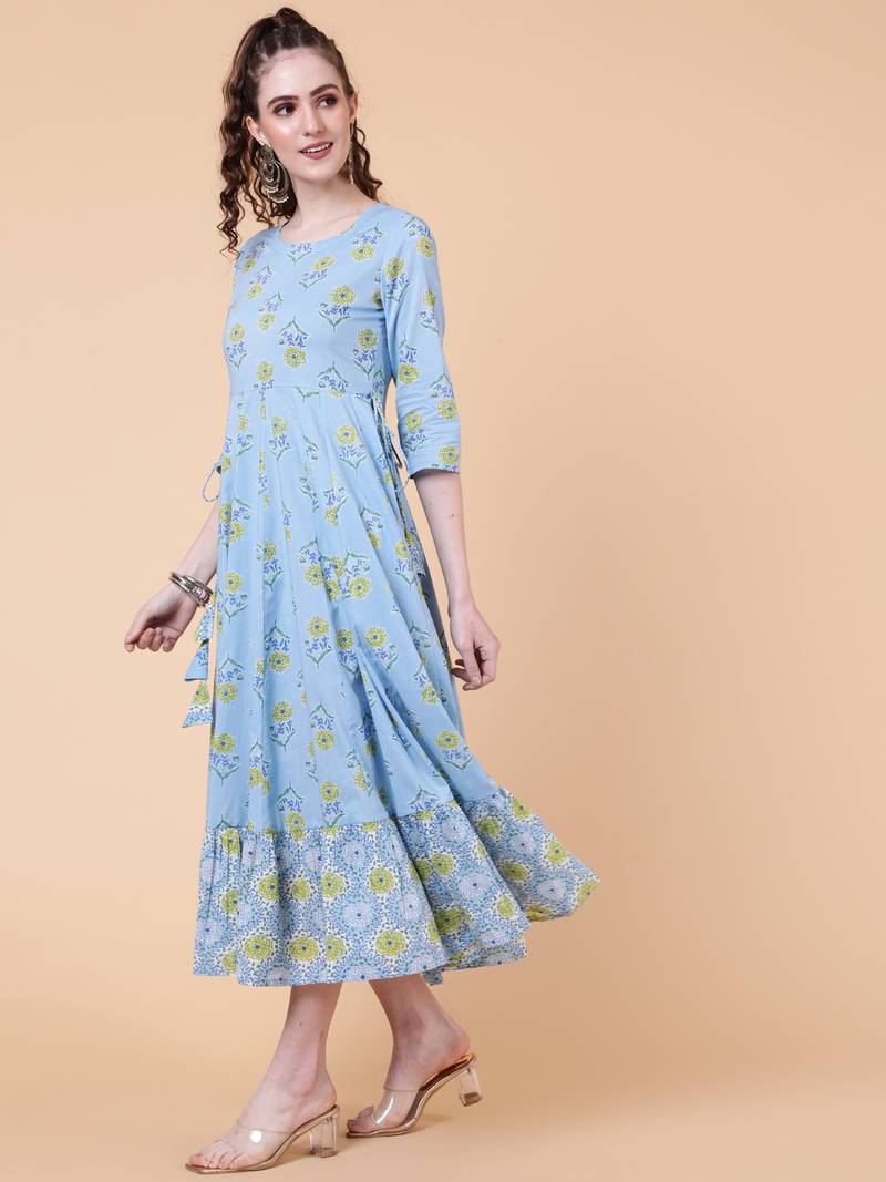 Gulmohar jaipur cotton calf length printed flared 3/4 sleeves round