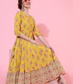 Gulmohar jaipur cotton calf length printed flared 3/4  sleeves round neck kurta