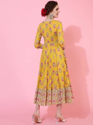 Gulmohar jaipur cotton calf length printed flared 3/4  sleeves round neck kurta 3