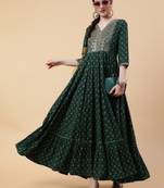 Gulmohar jaipur rayon  full length printed flared 3/4 sleeve v-neck kurta