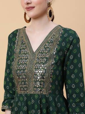 Gulmohar jaipur rayon  full length printed flared 3/4 sleeve v-neck kurta 5