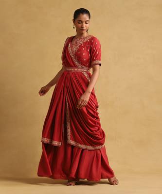 Rust embroidered draped saree by RITU KUMAR 1