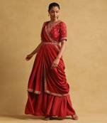 Rust embroidered draped saree by RITU KUMAR