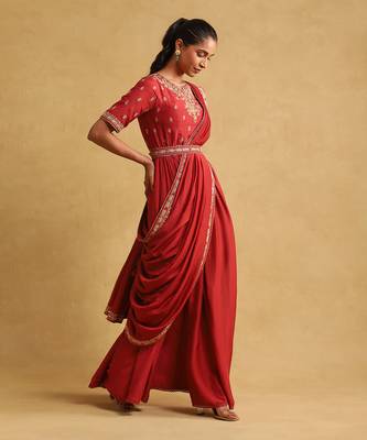 Rust embroidered draped saree by RITU KUMAR 2
