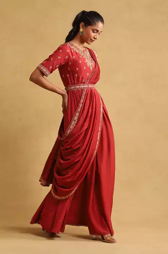 Rust embroidered draped saree by RITU KUMAR