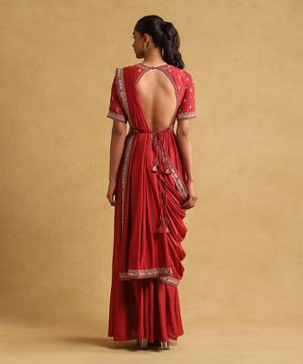 Rust embroidered draped saree by RITU KUMAR 4