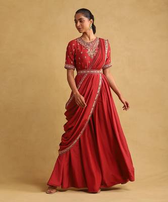 Rust embroidered draped saree by RITU KUMAR 5