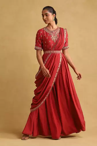Rust embroidered draped saree by RITU KUMAR