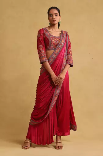 Pink embroidered draped sarees by RITU KUMAR
