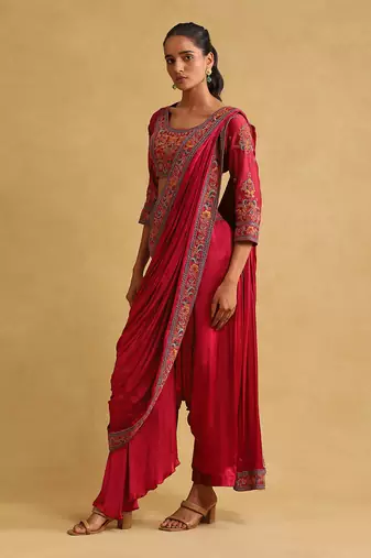 Pink embroidered draped sarees by RITU KUMAR