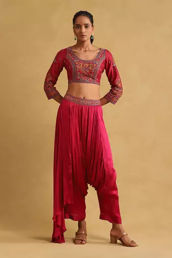 Pink embroidered draped sarees by RITU KUMAR