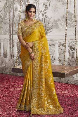 Mustard silk heavy thread embroidred with sequince work saree with blouse 1