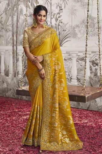Mustard silk heavy thread embroidred with sequince work saree with blouse