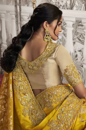 Mustard silk heavy thread embroidred with sequince work saree with blouse