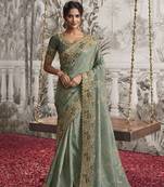 Sea green silk heavy thread embroidred with sequince work saree with blouse