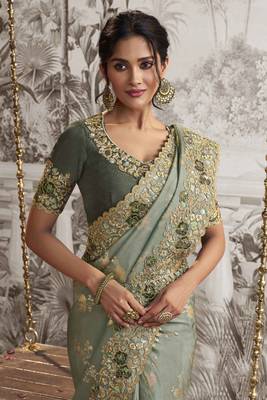 Sea green silk heavy thread embroidred with sequince work saree with blouse 2