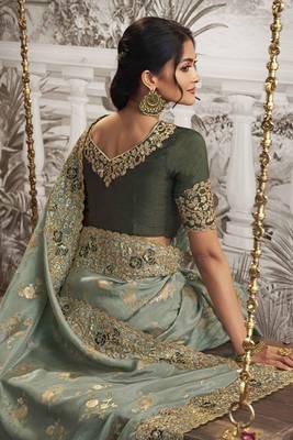 Sea green silk heavy thread embroidred with sequince work saree with blouse 3