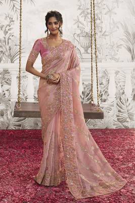 Light peach pink silk heavy thread embroidred with sequince work saree with blouse 1