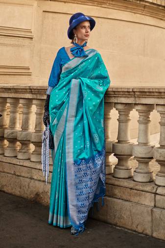 Turquoise Soft Silk Handloom Woven Work Saree With Blouse