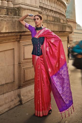 Bright Pink Soft Silk Handloom Woven Work Saree With Blouse